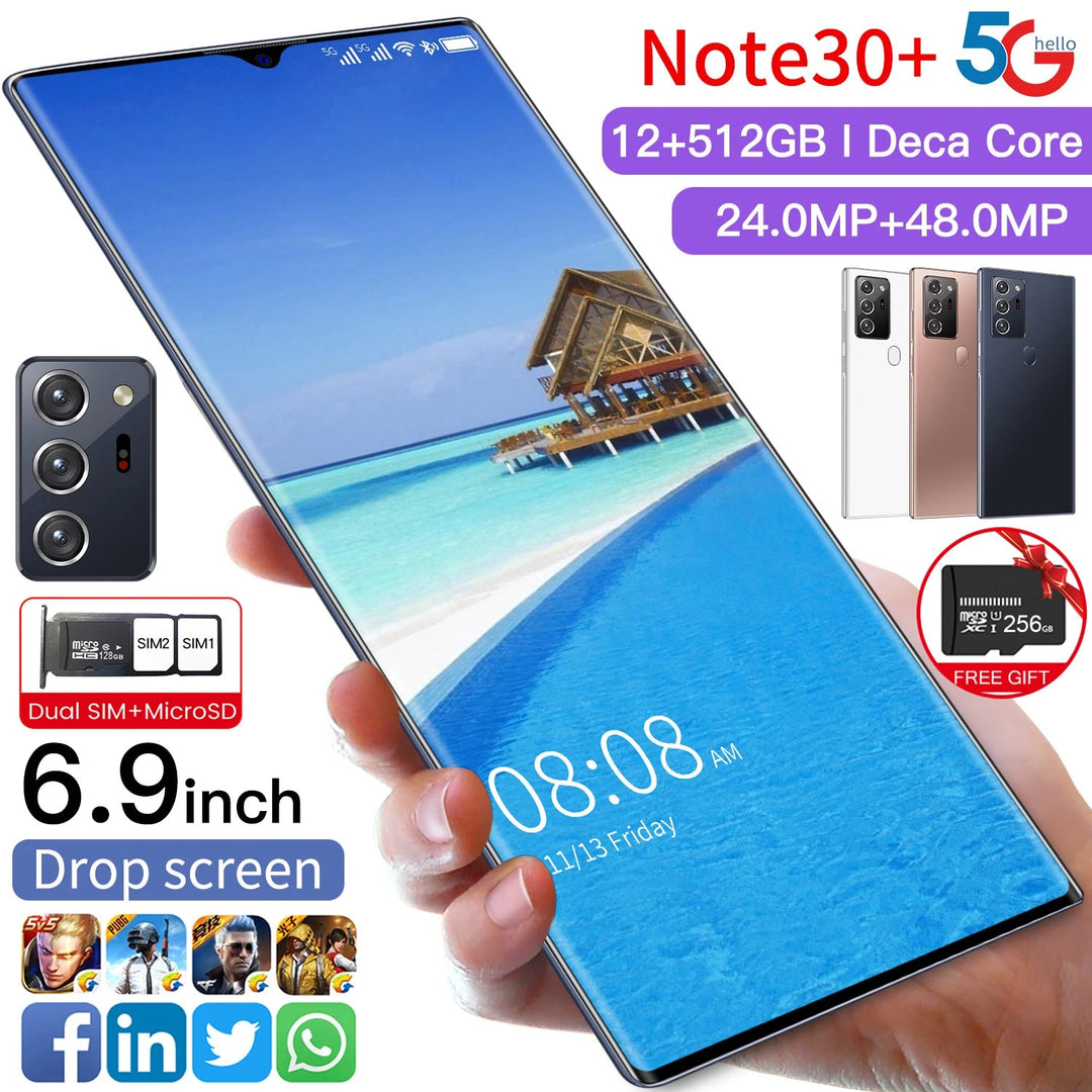 2021 Note30+ 6.9 inch 3840x2160 MTK6799 Android10.0 Smartphones 12GB+512GB 5G Cellphones 5600mAh Large Capacity Mobile Phone - SMARTTECH