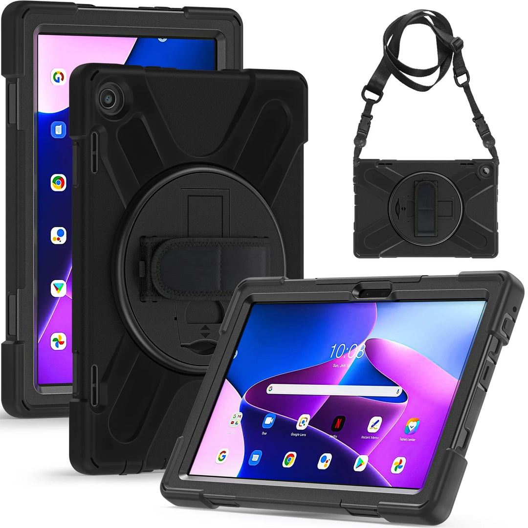 Black Color Shockproof PC Kids Silicone Rugged Rotating Hand Strap Case Cover For Lenovo Tab M10 3rd 10.1" TB-328FU TB-328XU - SMARTTECH
