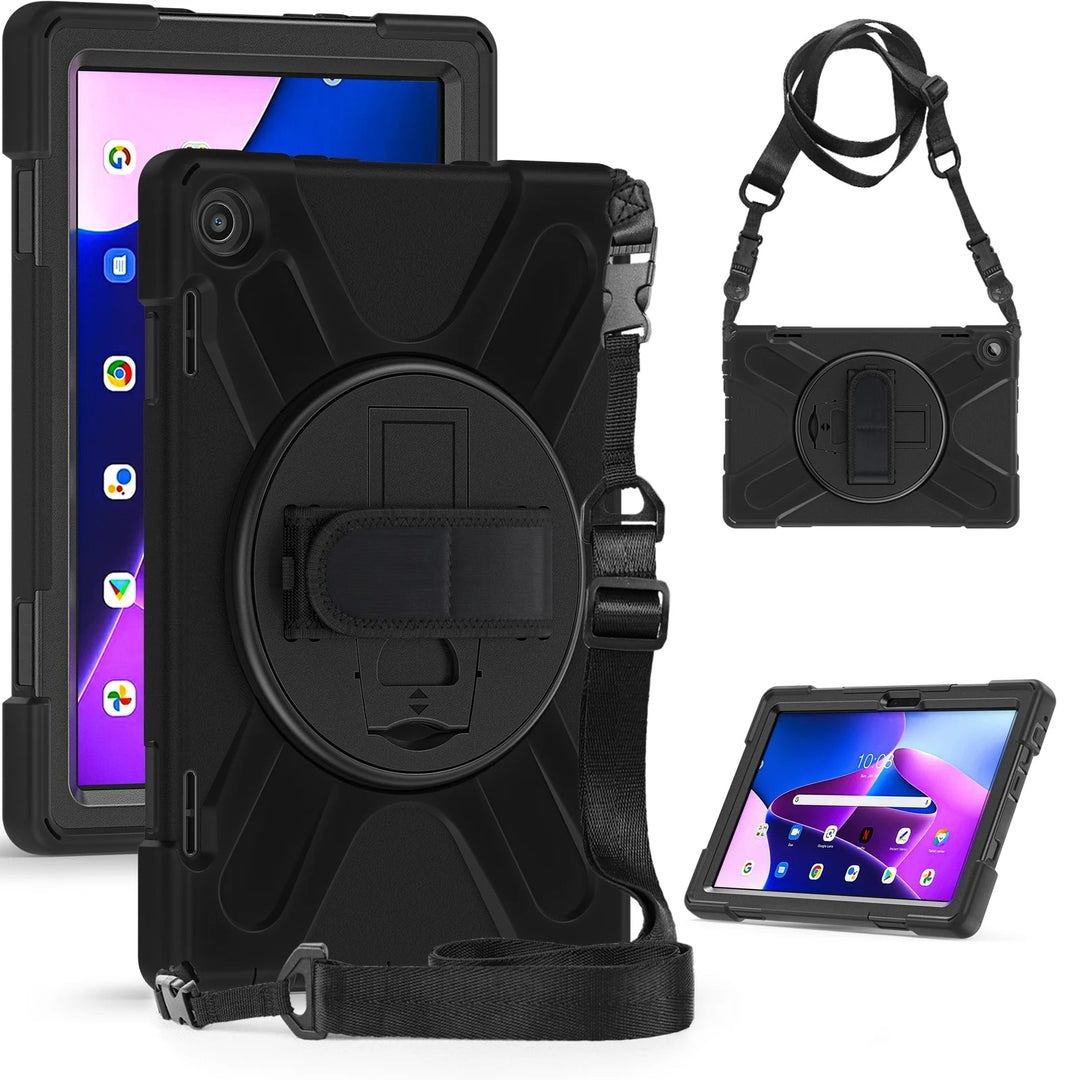 Black Color Shockproof PC Kids Silicone Rugged Rotating Hand Strap Case Cover For Lenovo Tab M10 3rd 10.1" TB-328FU TB-328XU - SMARTTECH